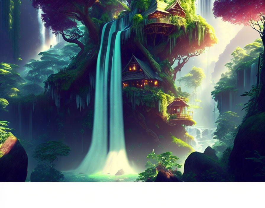 Digital Artwork: Mystical Forest with Treehouses, Waterfalls, and Lush Greenery