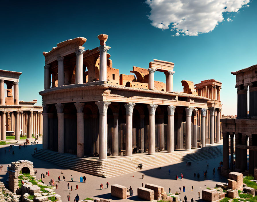 Ancient Roman ruins with Corinthian columns and visitors under clear blue sky