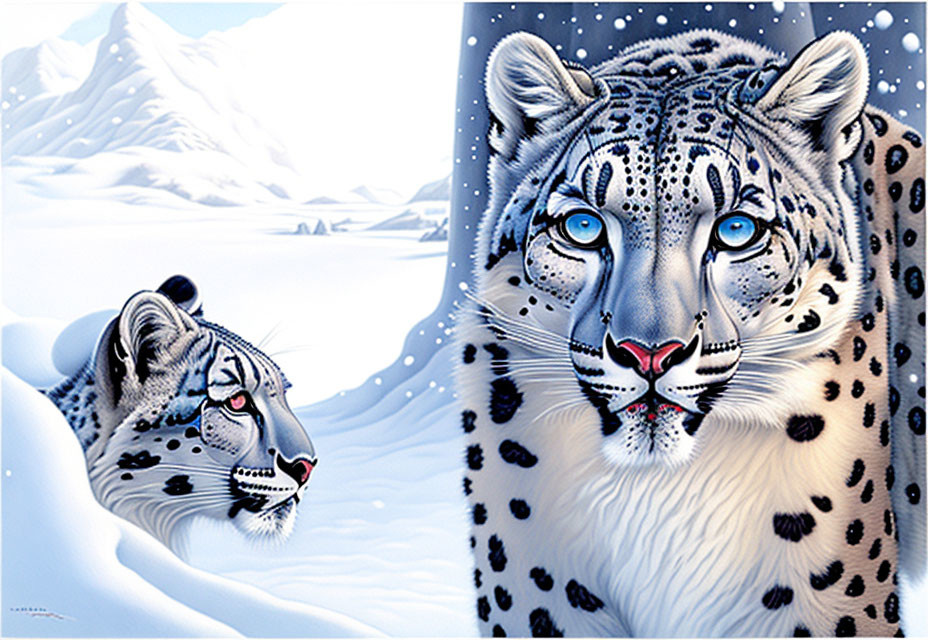 Pair of Snow Leopards with Blue Eyes in Snowy Mountain Scene