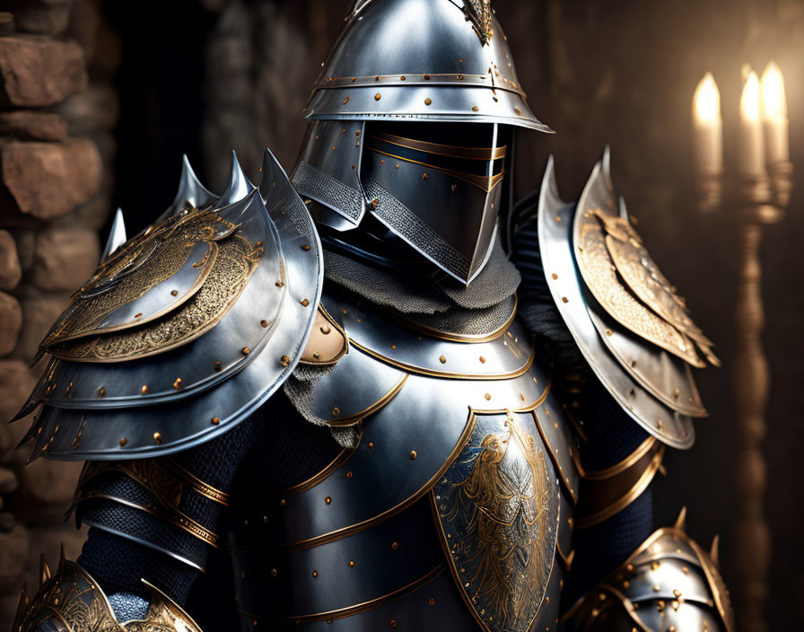 Knight in Blue Steel Armor Standing Before Stone Wall in Candlelight