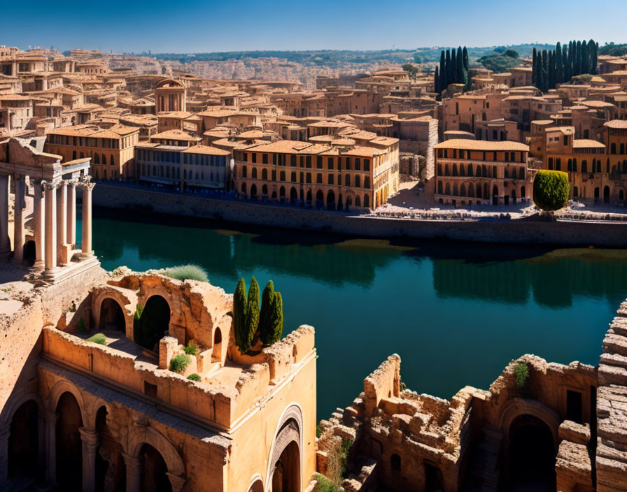 Ancient city with classical buildings by serene river