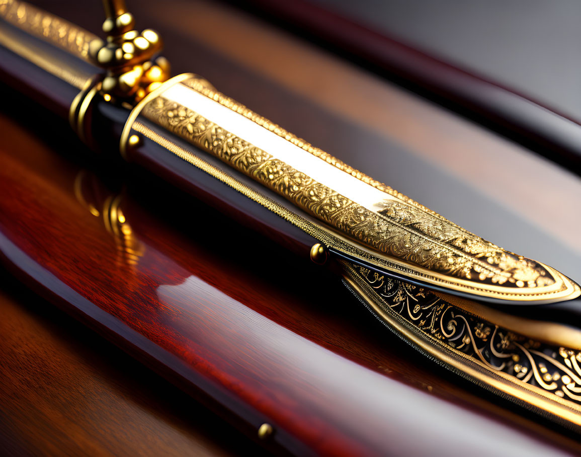 Ornate ceremonial sword with gold handle and decorated scabbard