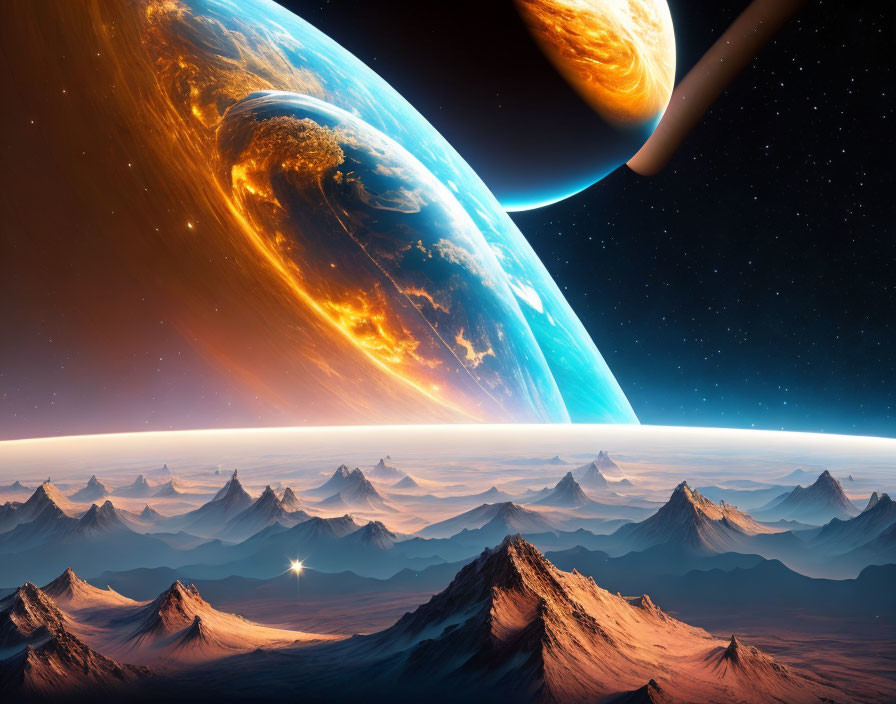 Majestic alien landscape with vibrant planet and moon against starry sky