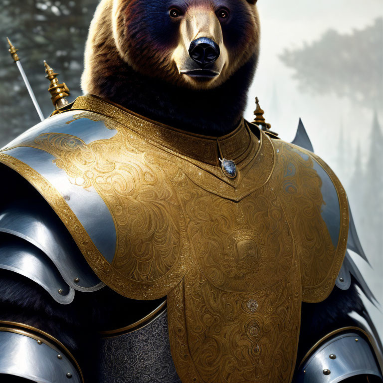 Majestic bear in golden armor amidst misty forest