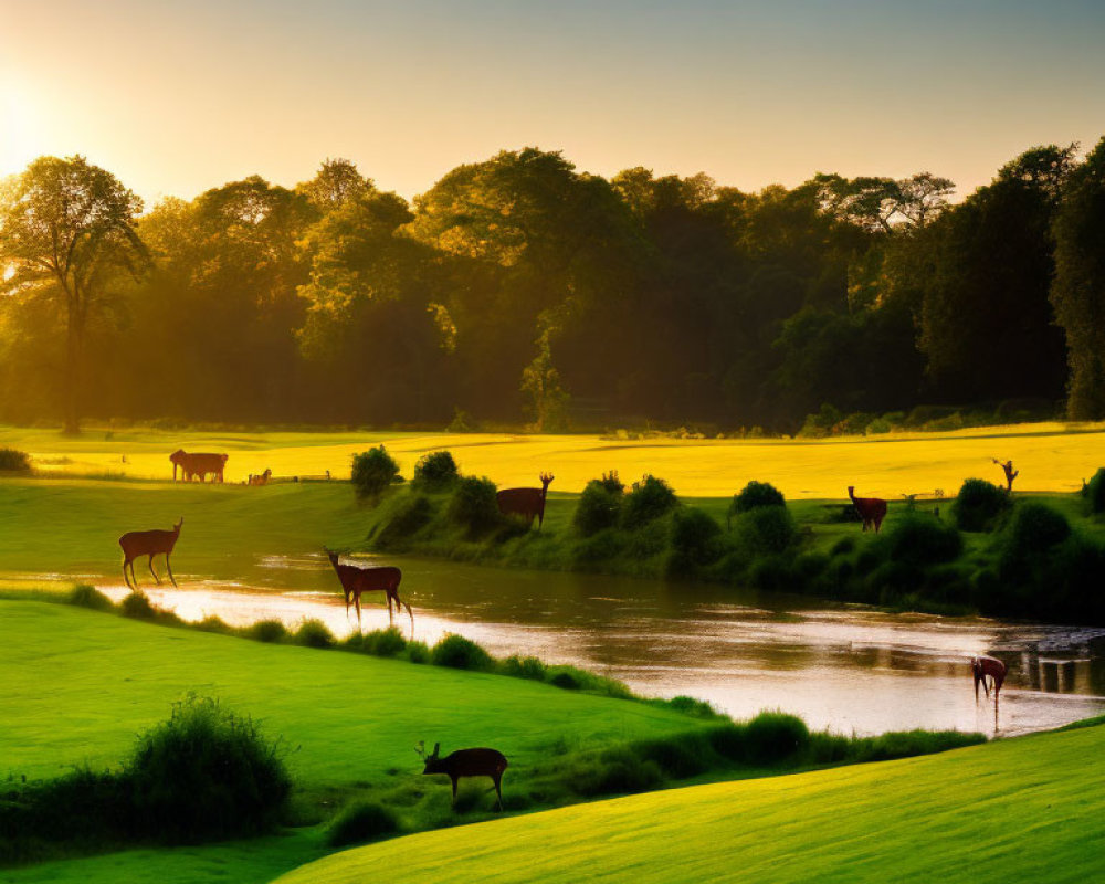 Tranquil sunset landscape with grazing deer by river