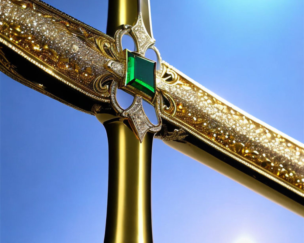 Intricate Golden Cross with Green Gem on Blue Sky