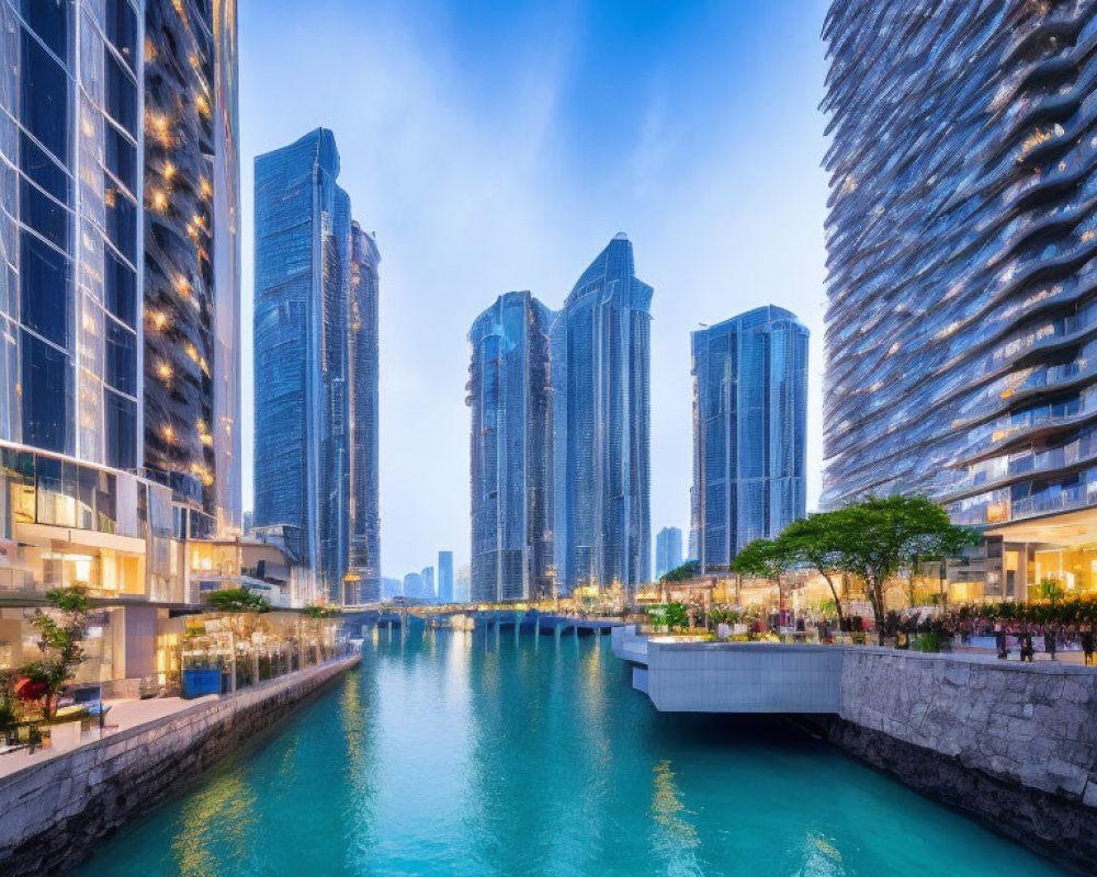 Urban canal at dusk with skyscrapers and greenery