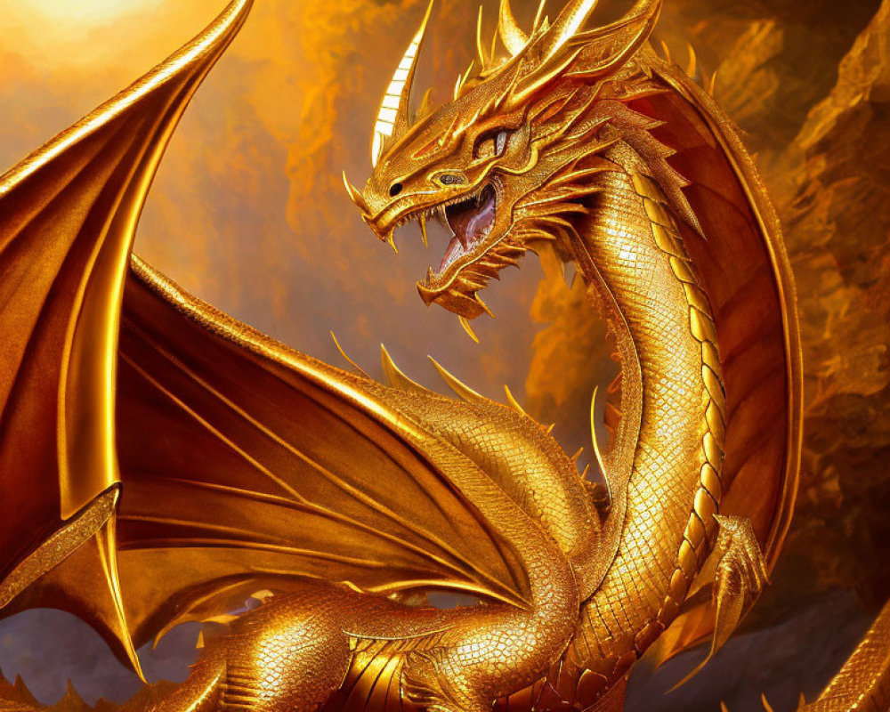 Golden Dragon with Large Wings and Fierce Eyes on Orange Background