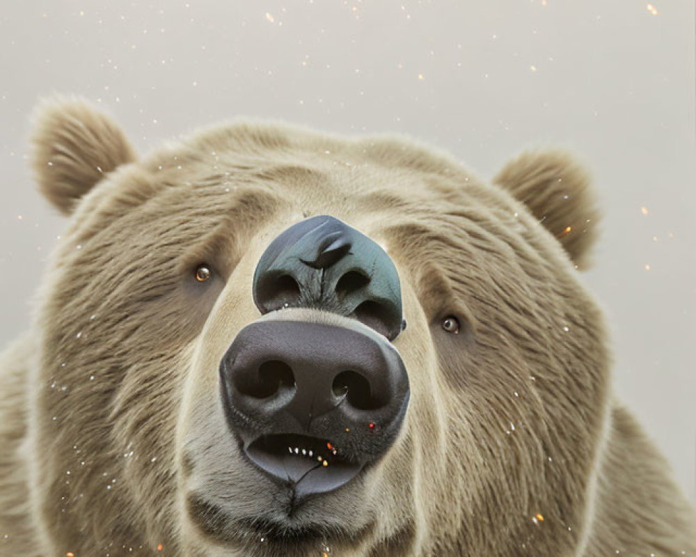 Brown bear's serene expression with sparkling particles on neutral background