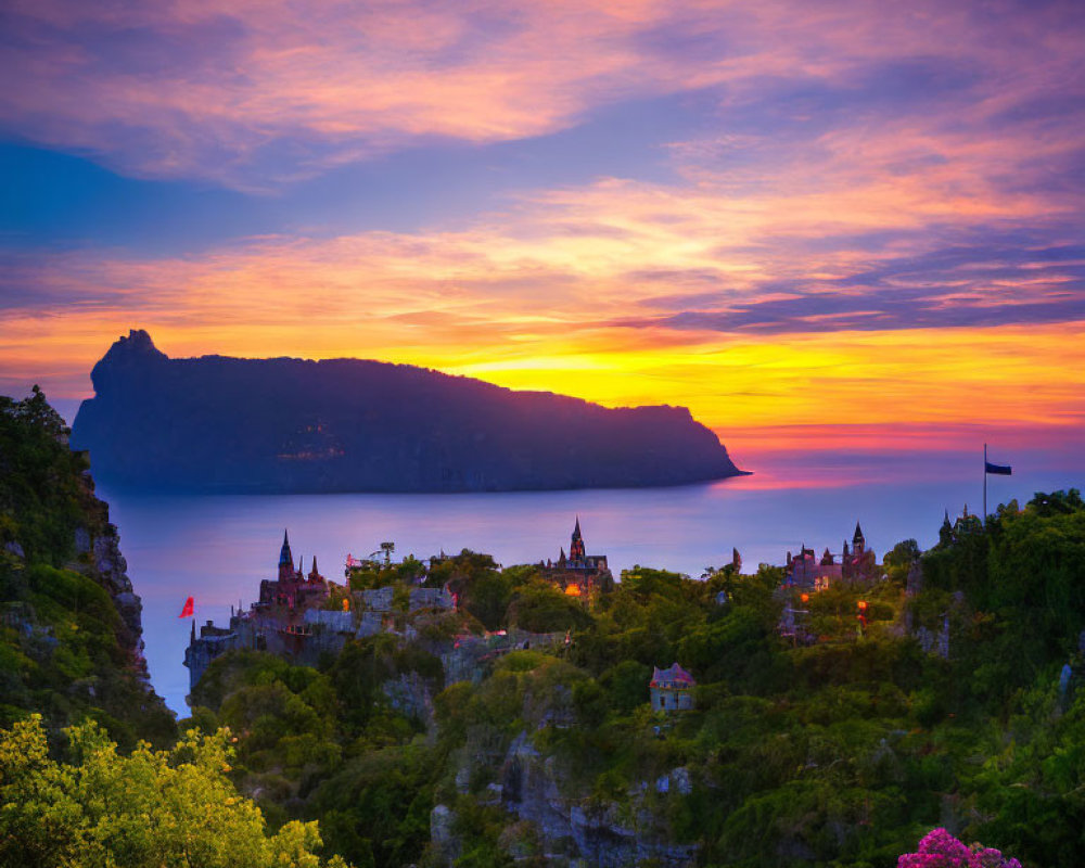 Scenic coastal town sunset with colorful sky and mountain silhouette