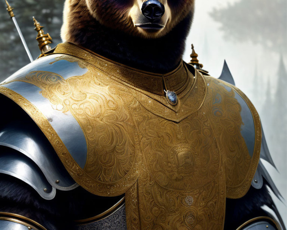 Majestic bear in golden armor amidst misty forest