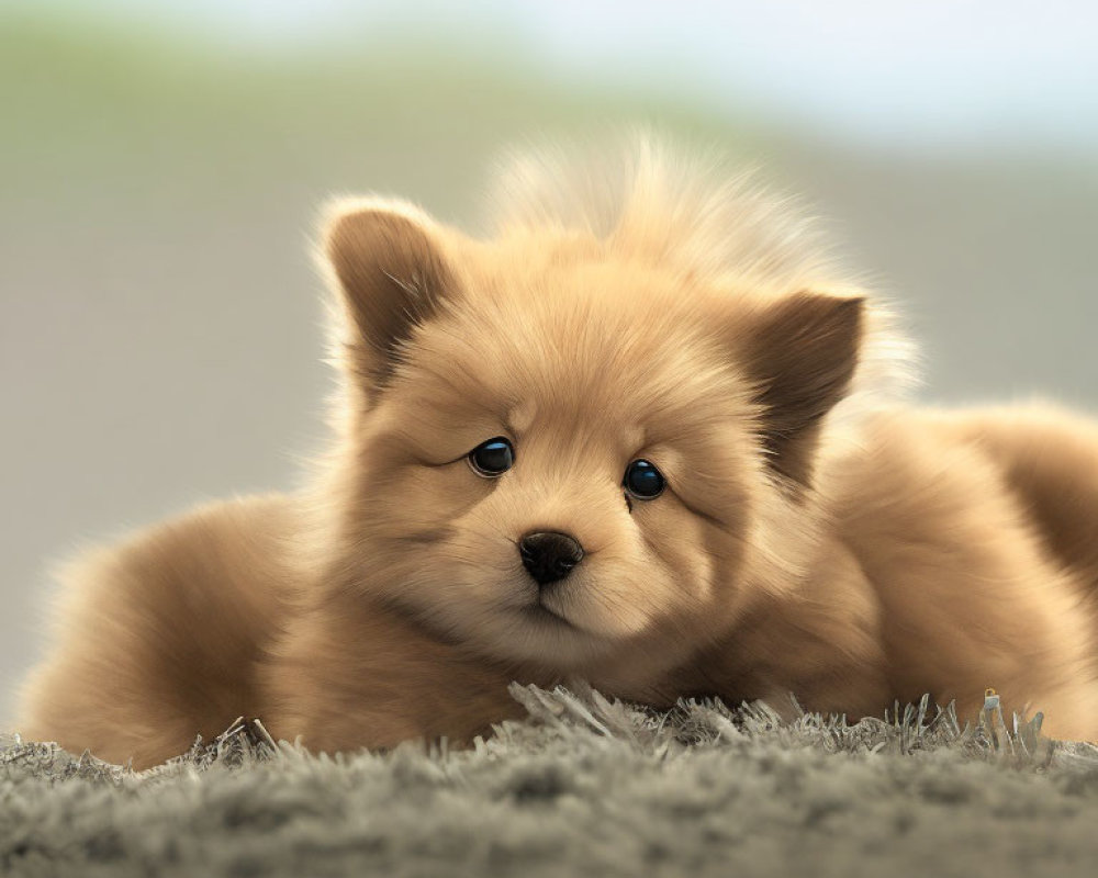 Fluffy Tan Puppy with Blue Eyes on Soft Surface