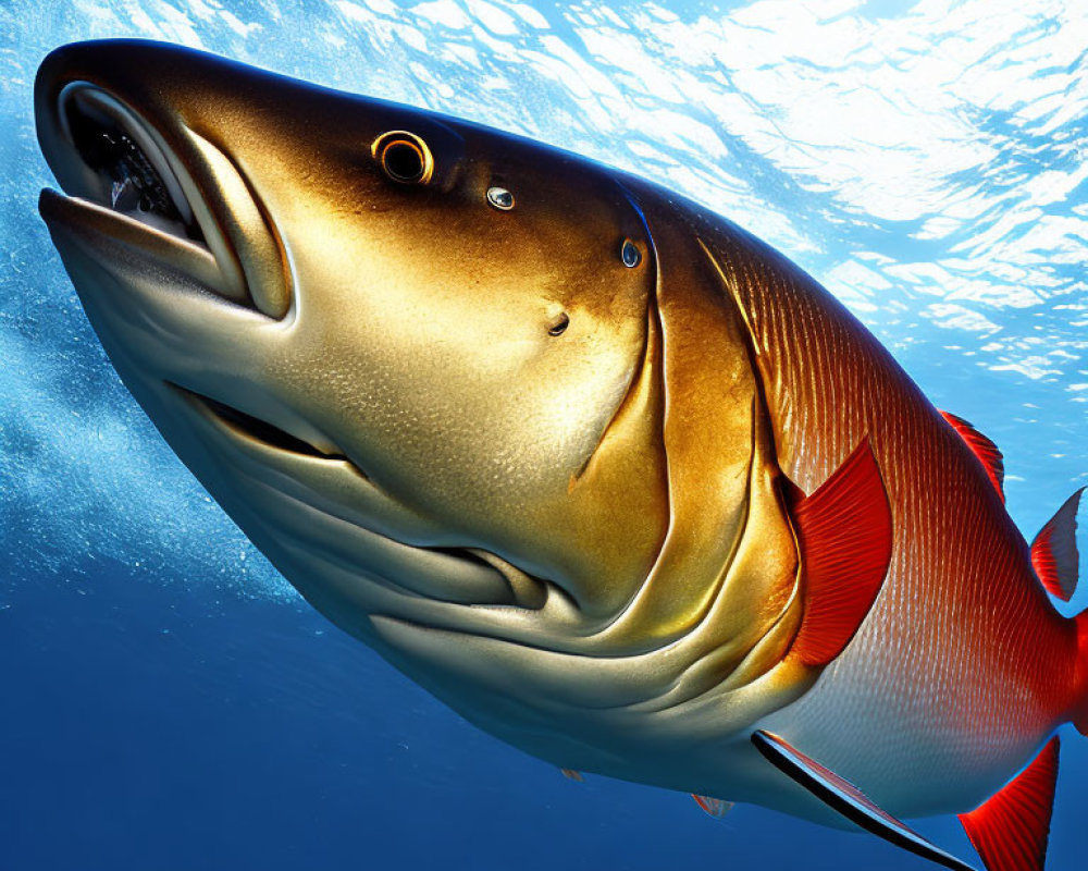 Golden Fish with Red Fins Swimming Underwater in Sunlit Ocean