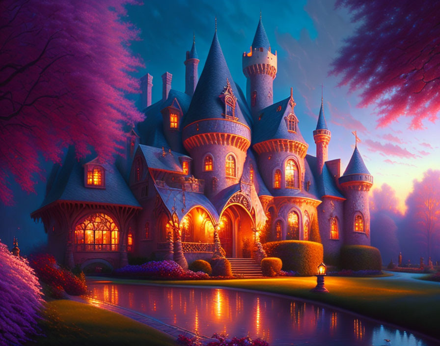 Majestic castle with illuminated windows at twilight amidst vibrant pink-purple foliage