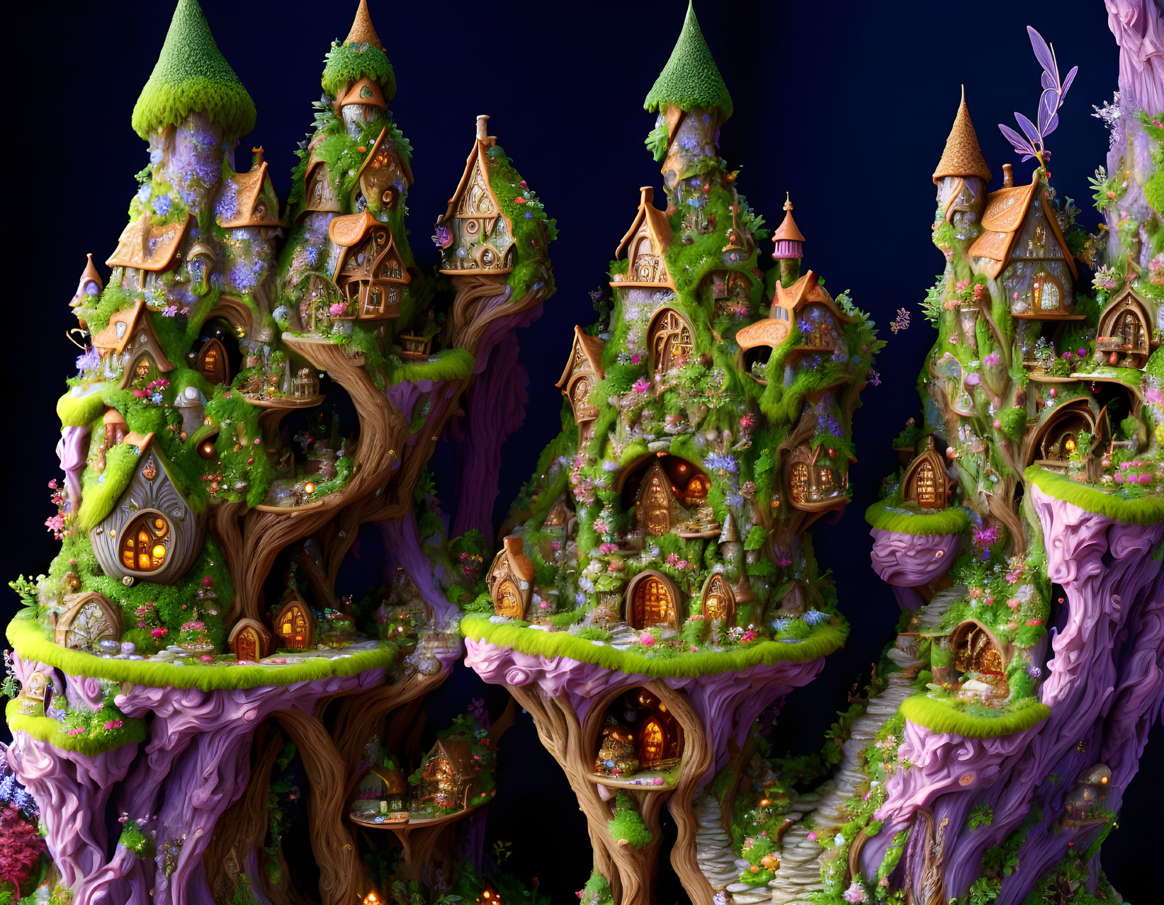 Whimsical enchanted forest scene with glowing tree houses and purple trunks