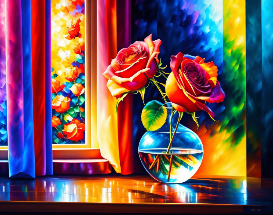 Colorful painting of red roses in vase on windowsill with stained glass window background