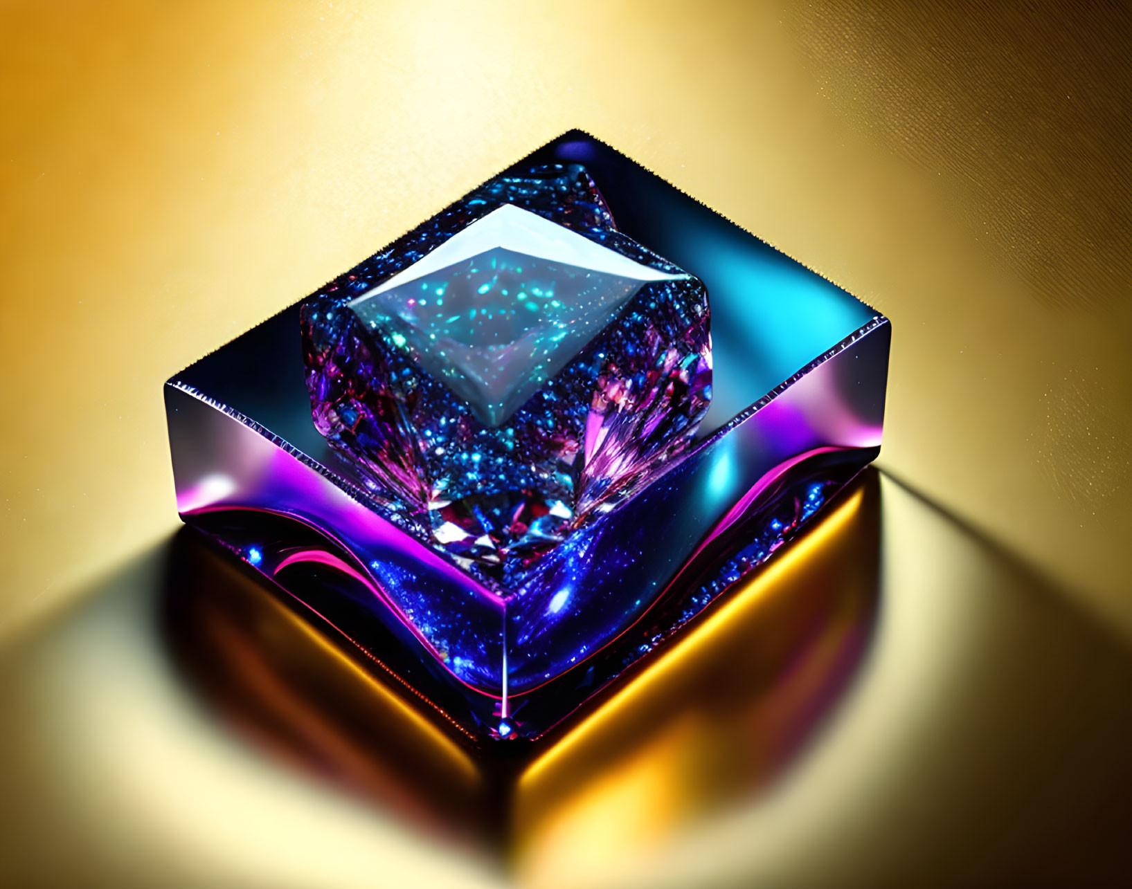 Holographic crystal on reflective surface with vibrant colors