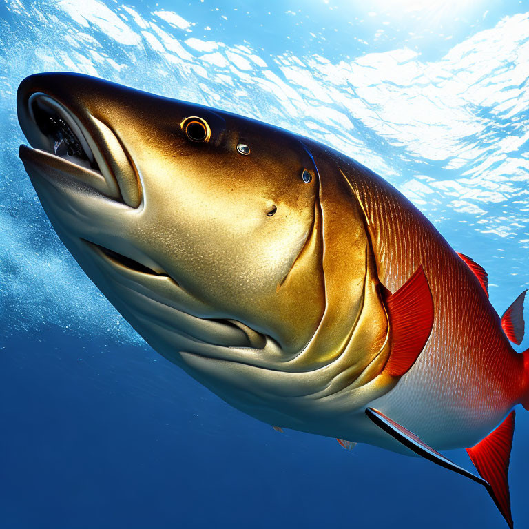 Golden Fish with Red Fins Swimming Underwater in Sunlit Ocean