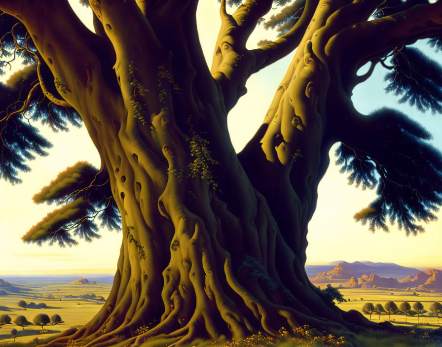 Detailed painting of massive ancient tree in serene landscape