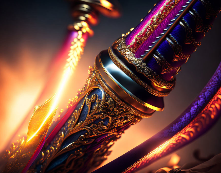 Detailed Ornate Sword Hilt with Purple Grip & Gold Elements on Warm Background