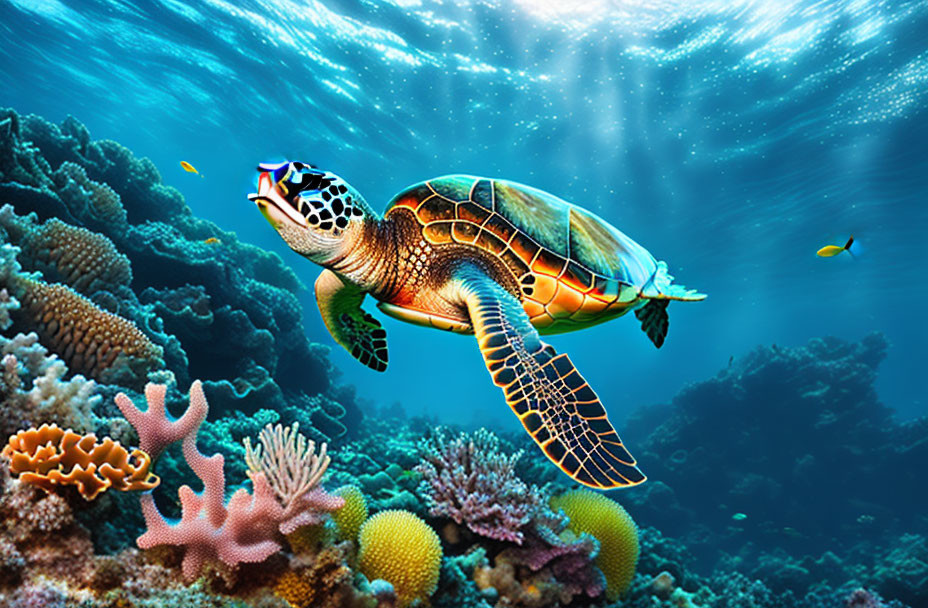 Colorful Coral Reef Teeming with Marine Life and Sunlit Sea Turtle