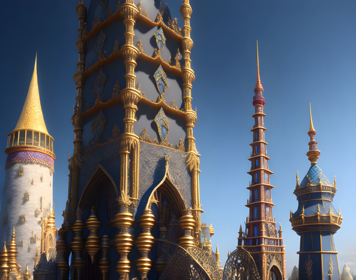 Fantastical castle with golden spires under blue sky