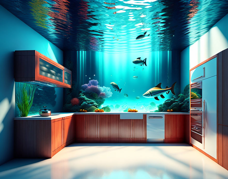 Kitchen with Wood-Finished Cabinets and Surreal Ocean-themed Decor