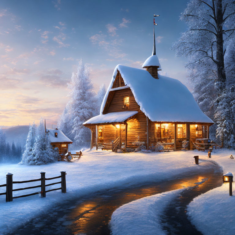 Snow-covered log cabin in winter twilight landscape with frosted trees.