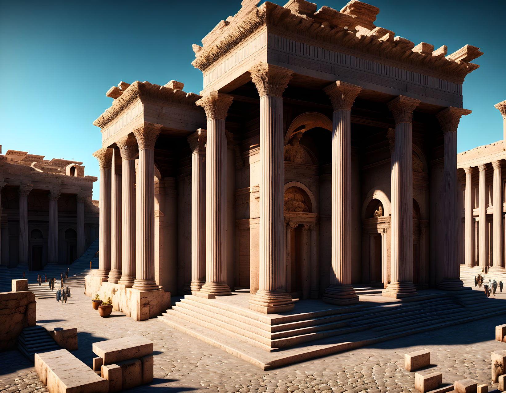 Roman-style building with Corinthian columns, staircase, arches, and people under clear blue sky