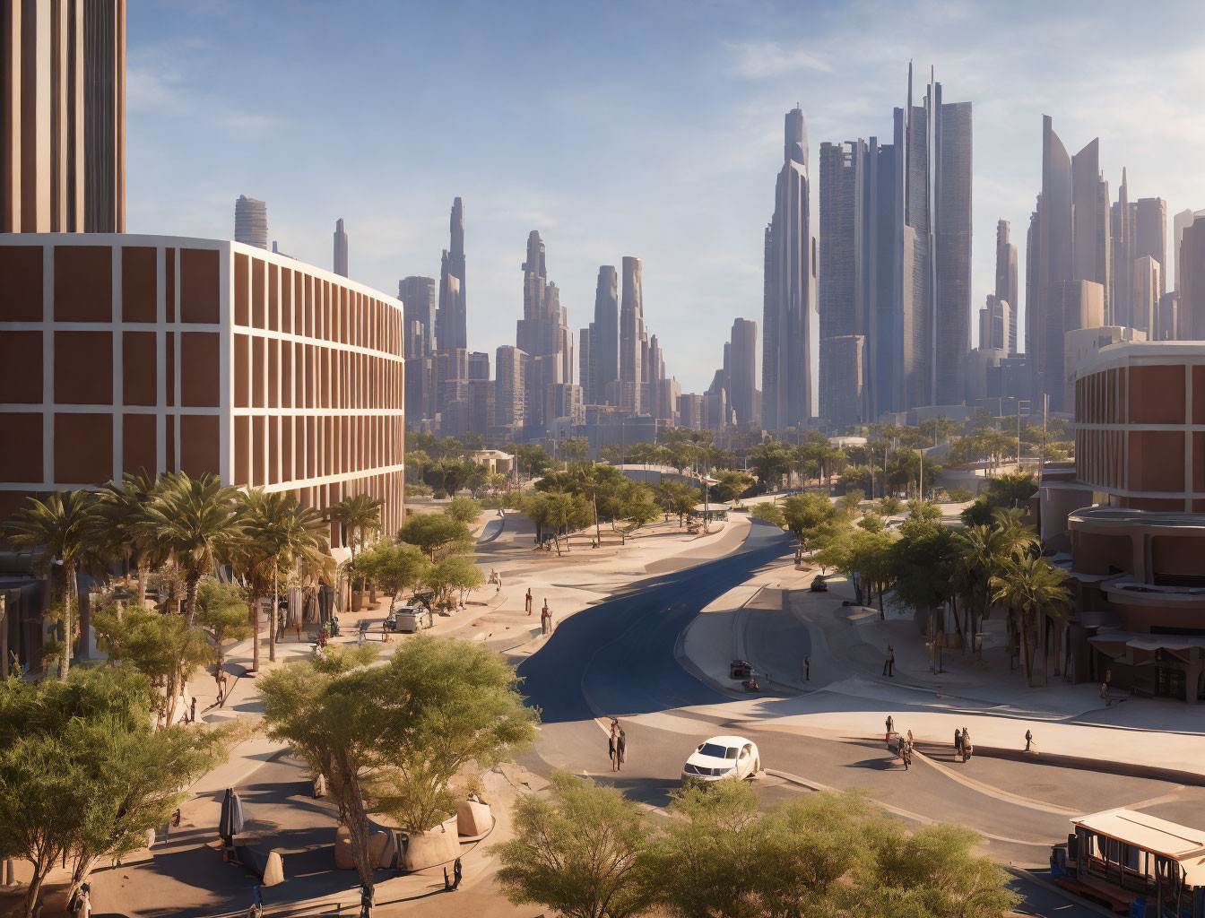 Urban cityscape with skyscrapers, tree-lined street, pedestrians, and vehicles on a sunny day