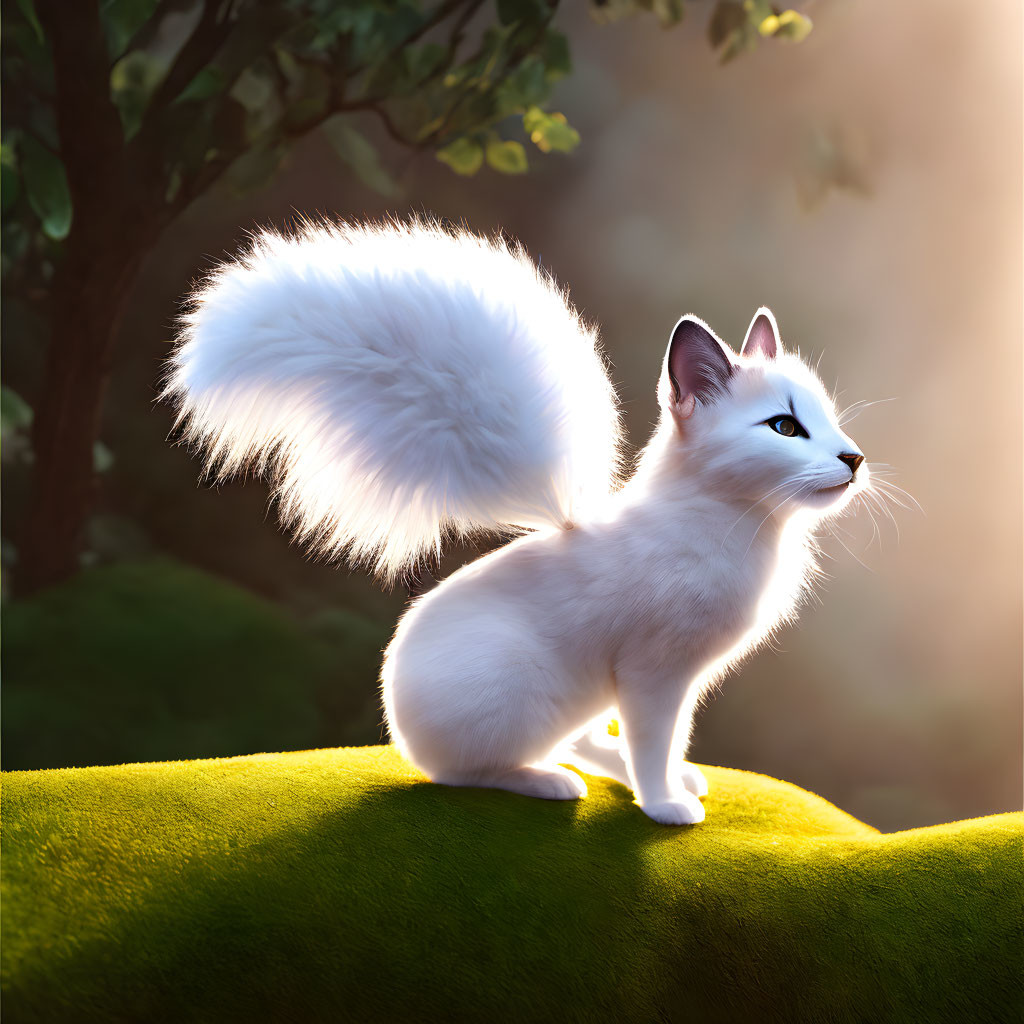 Fluffy White Cat on Green Moss in Sunlight