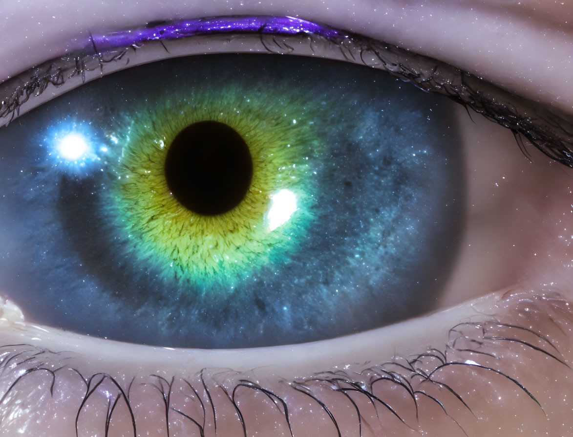 Detailed close-up of blue-green human eye with black pupil and yellow hint