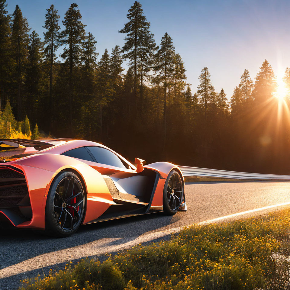 Sunset scene with sleek sports car and trees in background