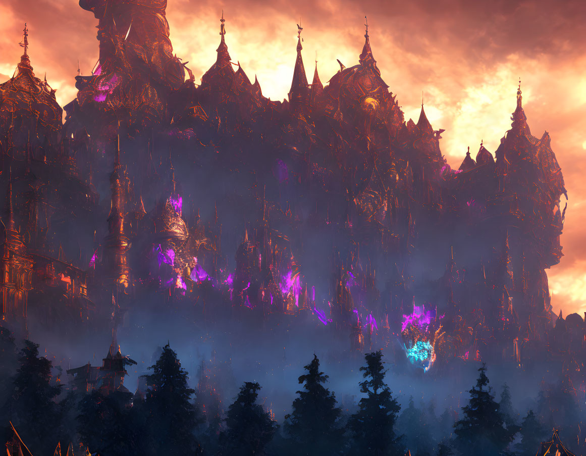 Fantastical castle with spires in fiery sky and luminescent highlights.