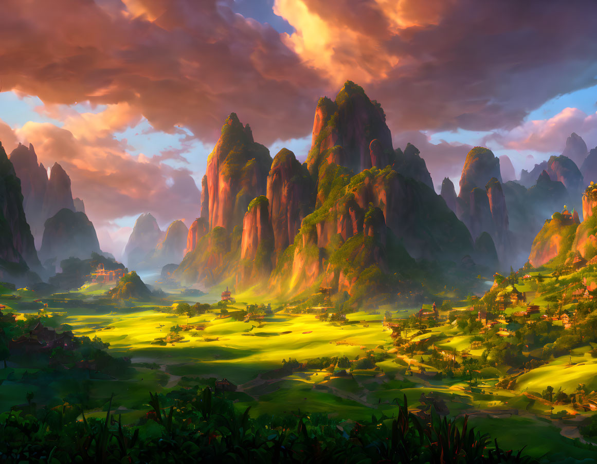 Majestic mountains and lush valley under colorful sunset sky