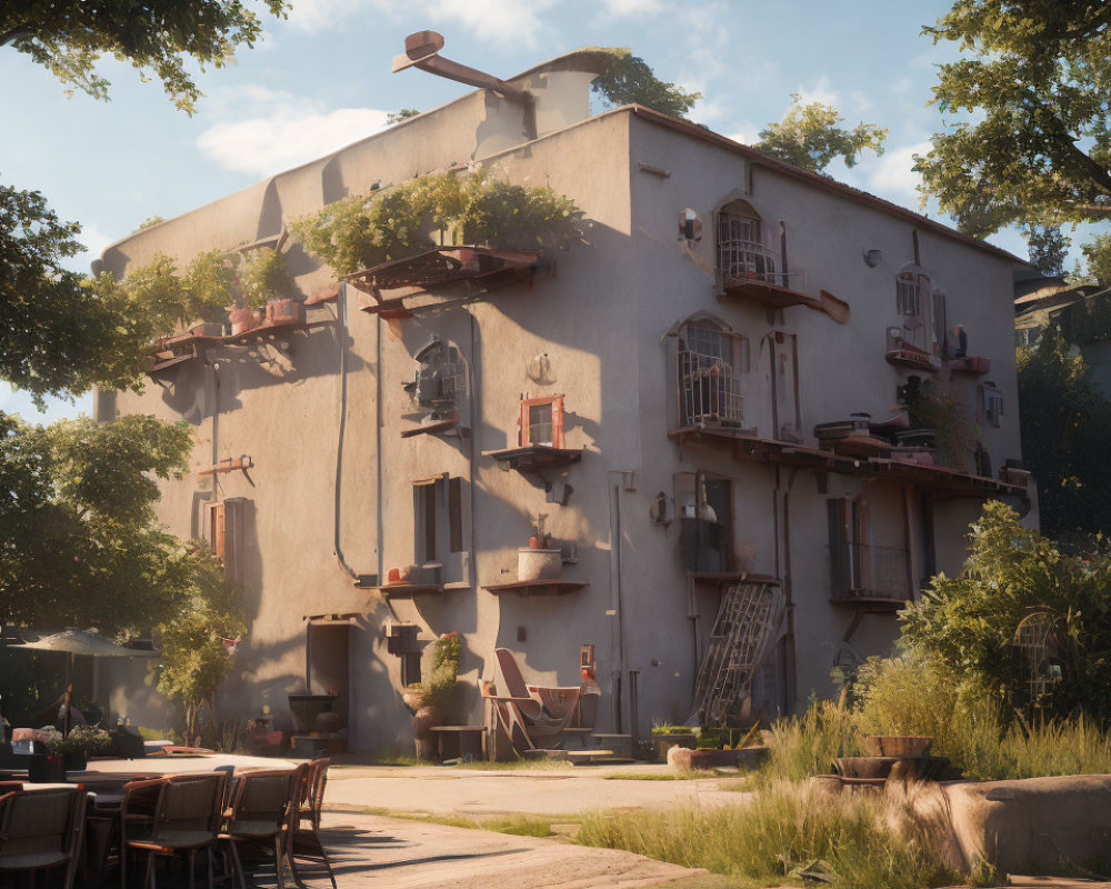 Three-story building with balconies and outdoor seating, surrounded by trees