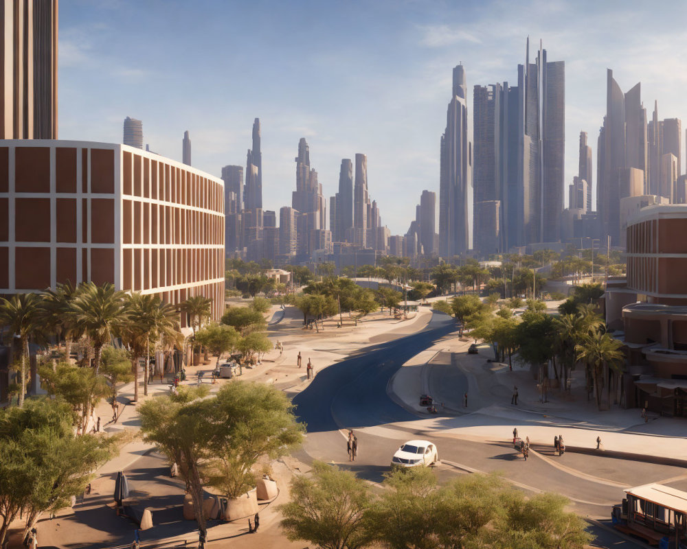 Urban cityscape with skyscrapers, tree-lined street, pedestrians, and vehicles on a sunny day