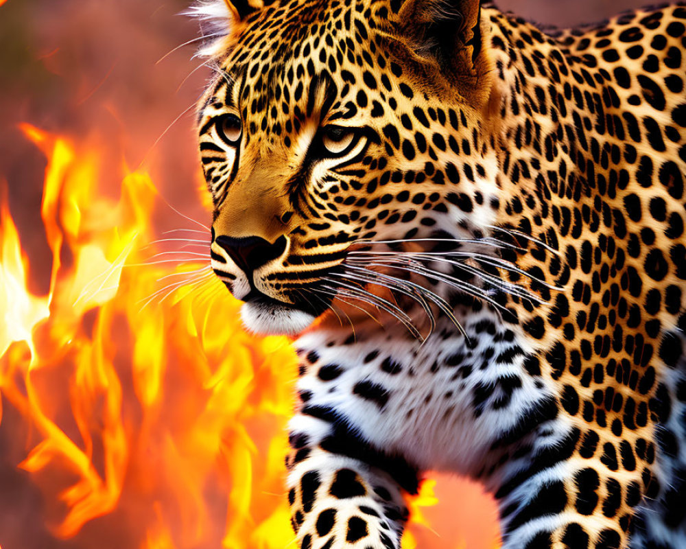 Spotted leopard in front of blazing fire with intense gaze against red backdrop