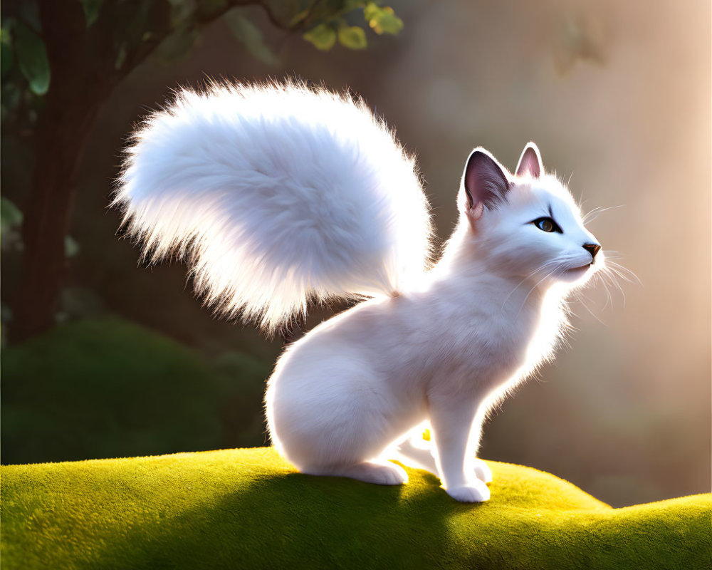 Fluffy White Cat on Green Moss in Sunlight