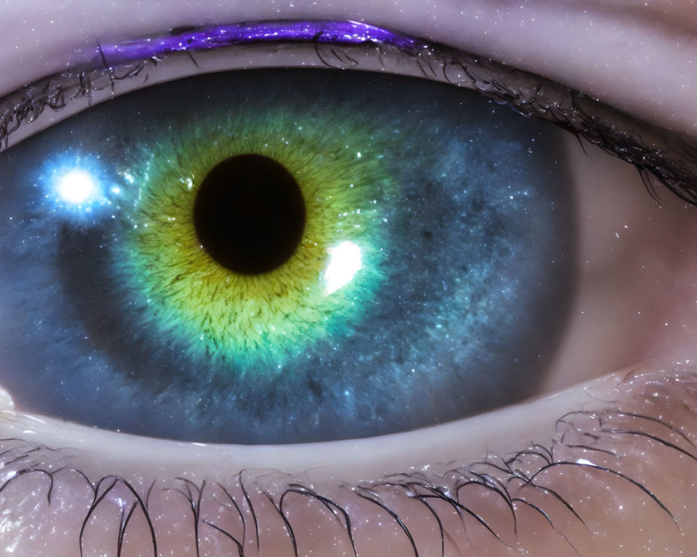 Detailed close-up of blue-green human eye with black pupil and yellow hint