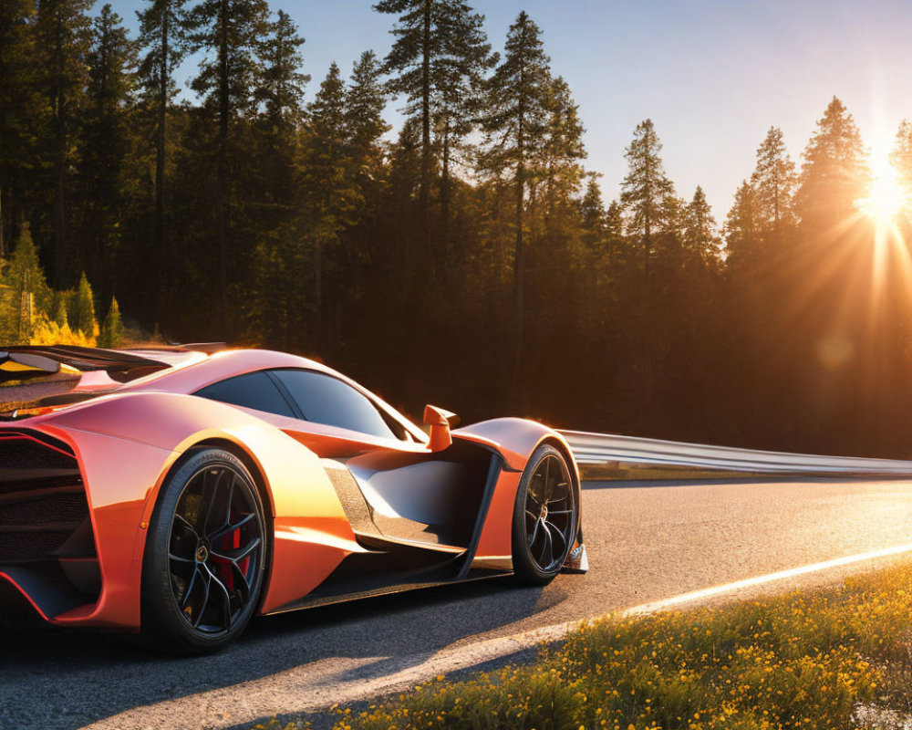 Sunset scene with sleek sports car and trees in background