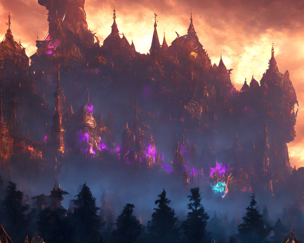 Fantastical castle with spires in fiery sky and luminescent highlights.