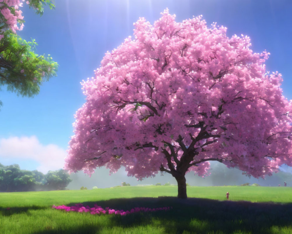 Majestic cherry blossom tree in sunlight with pink petals and green field