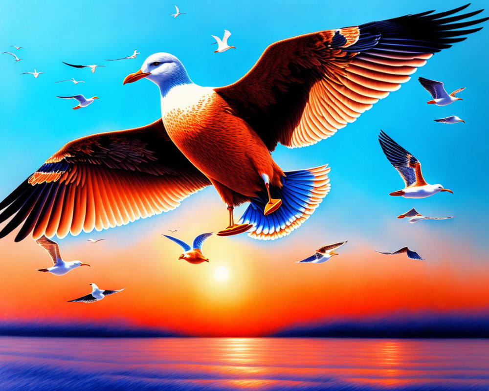 Colorful illustration of seagull flying among flock at sunset