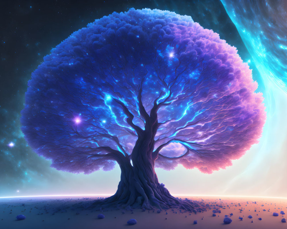 Majestic tree with blue and purple foliage under starry sky