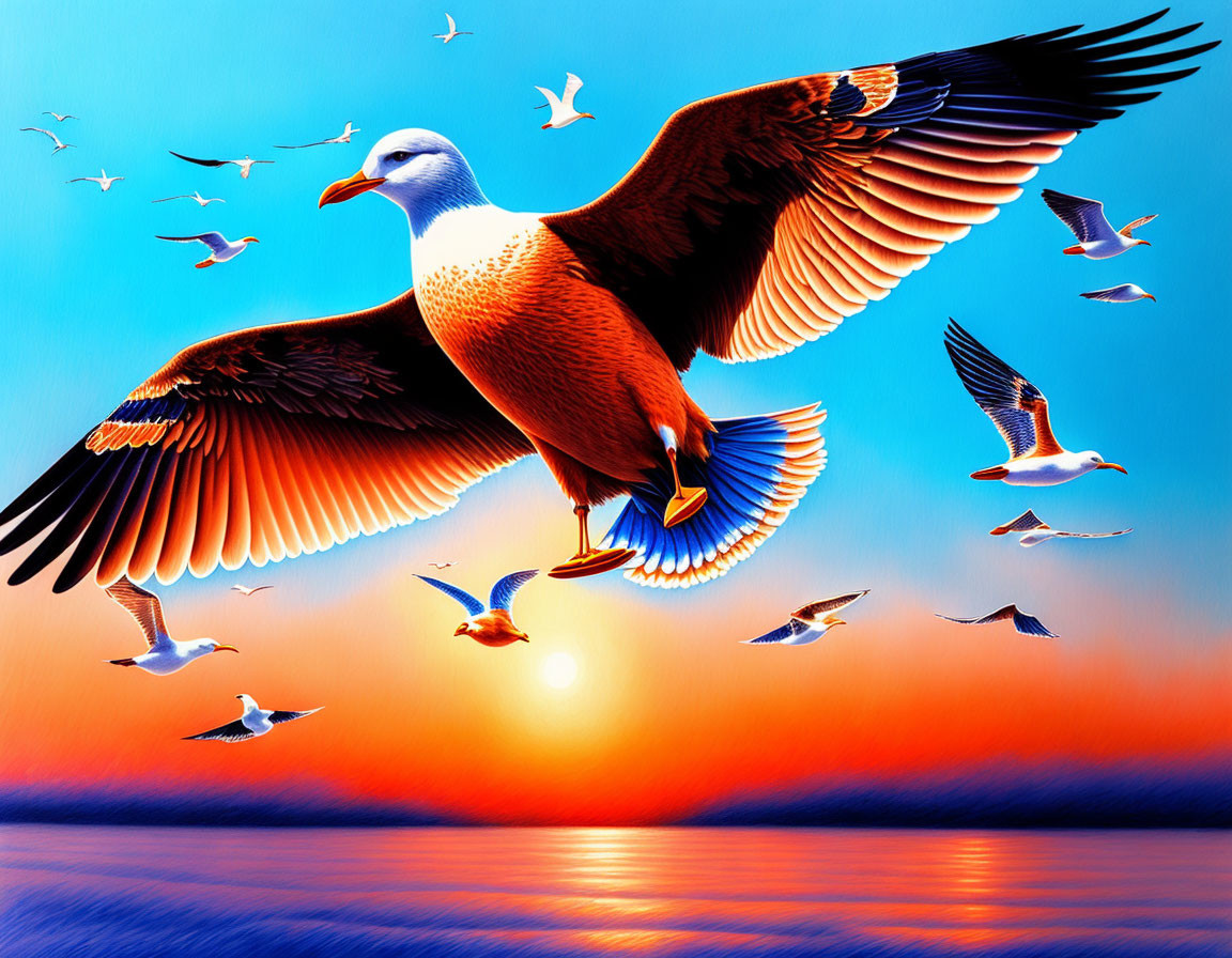 Colorful illustration of seagull flying among flock at sunset