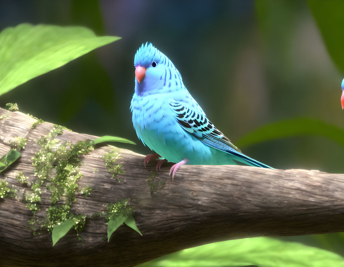 Blue Budgerigar with Black Markings Perched on Mossy Branch