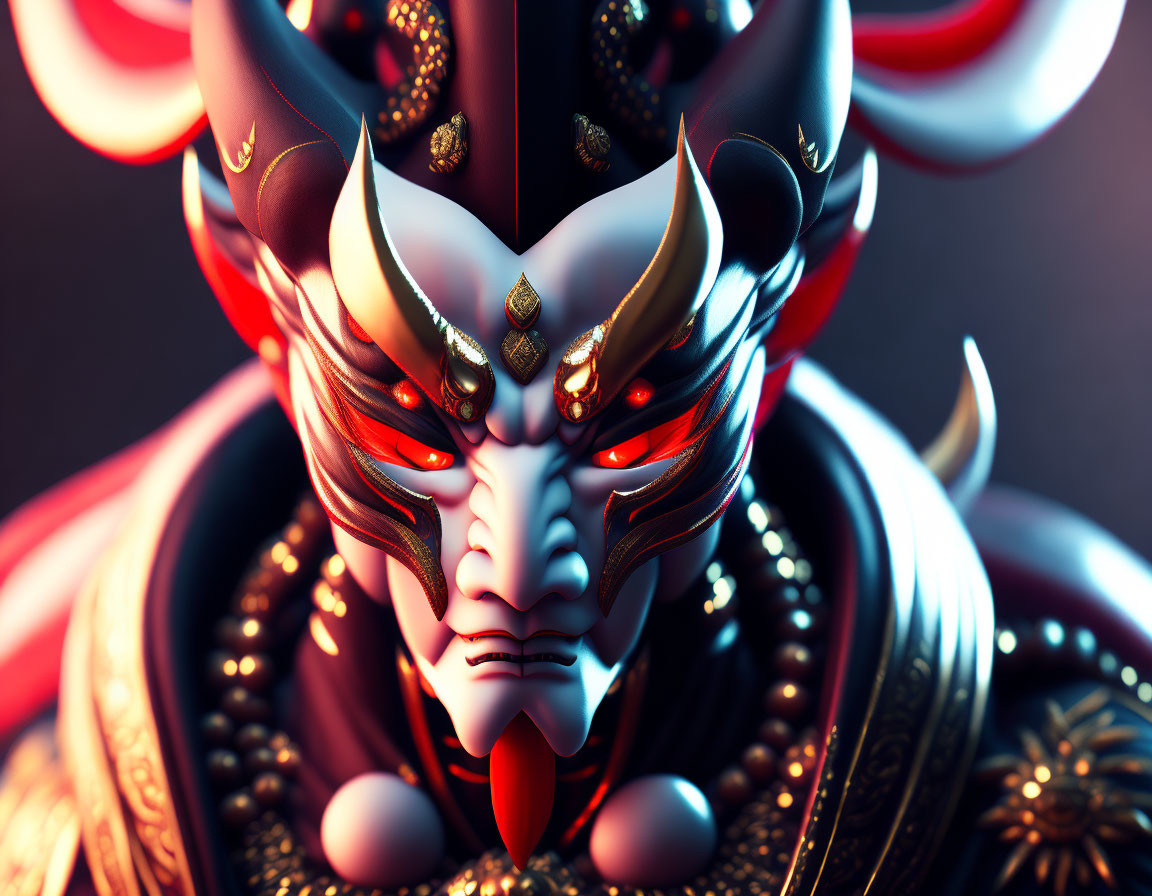 Detailed digital artwork: Demonic figure in red and black armor with golden embellishments