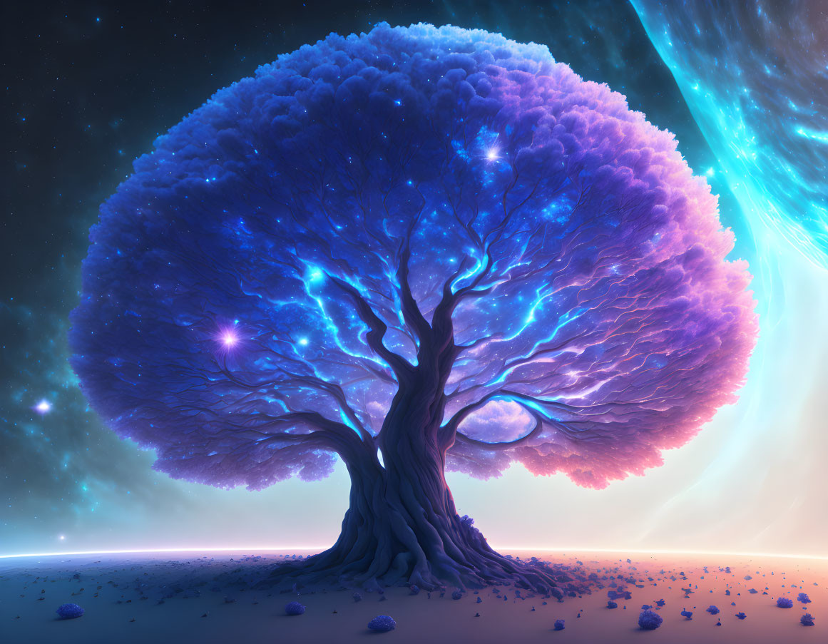 Majestic tree with blue and purple foliage under starry sky