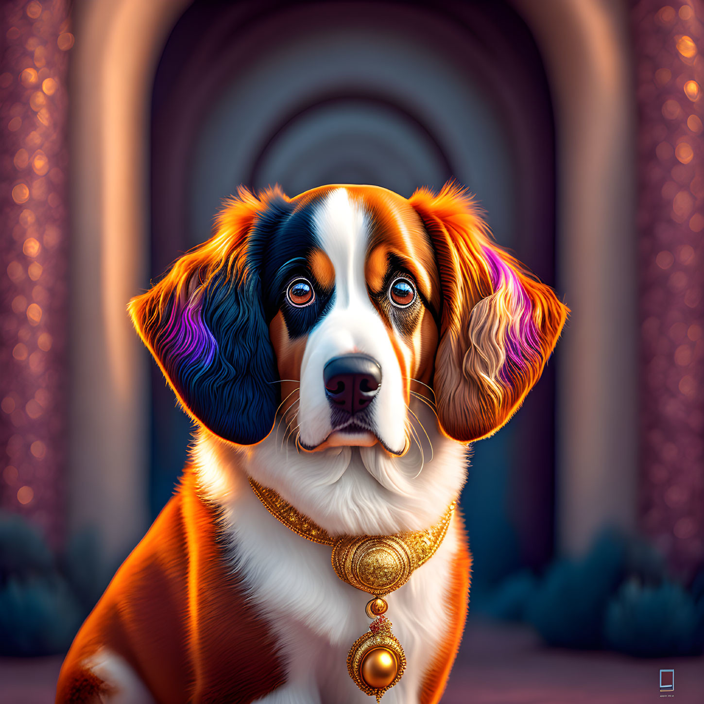 Regal Dog with Striking Eyes and Gold Necklace by Ornate Arched Doorway